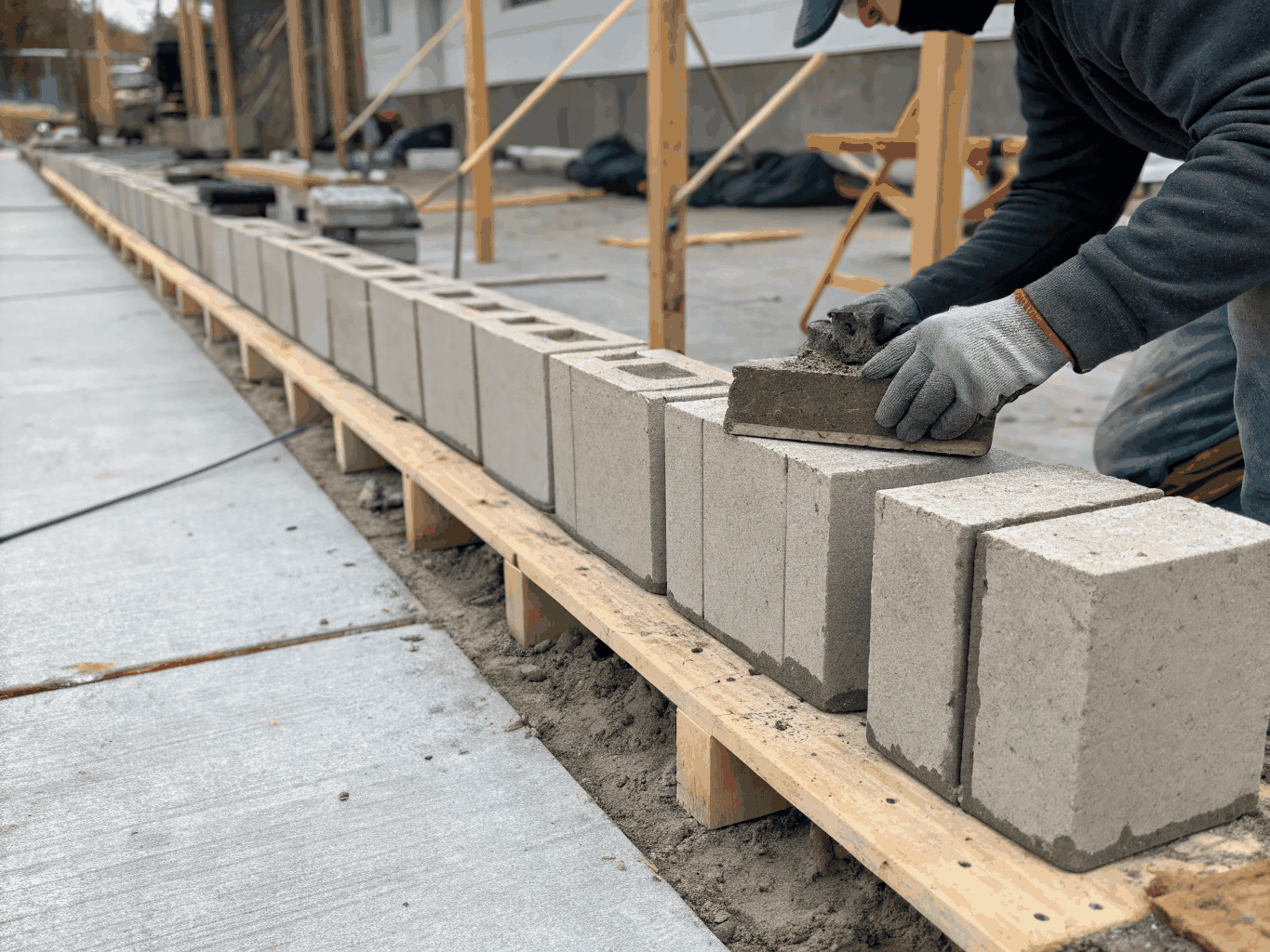 Concrete masonry unit wall under construction with mortar joints and leveled courses